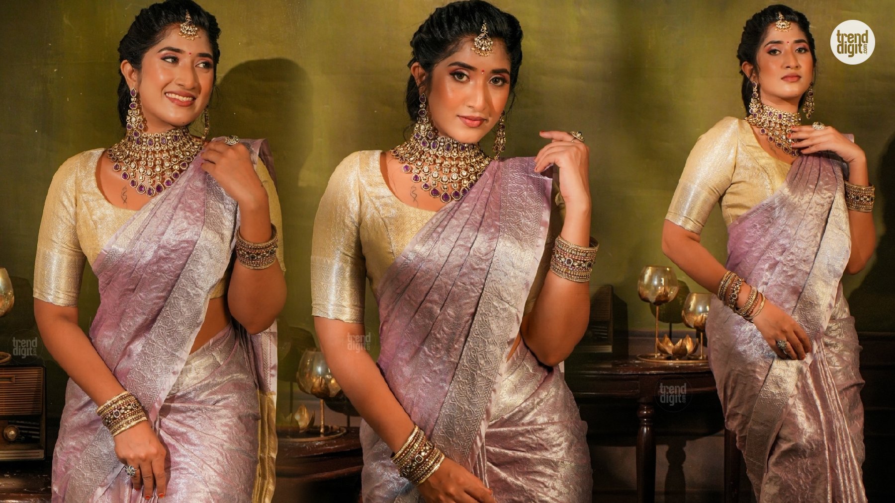 Aarthi Shalini Stuns in Lavender Silk Saree for a Regal Traditional Photoshoot