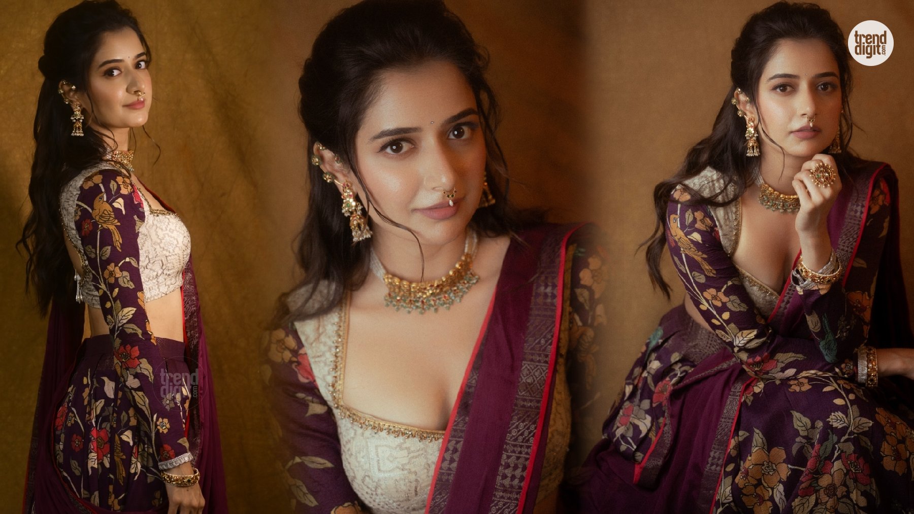 Ashika Ranganath Purple Saree – Floral Royalty With Rich Traditional Charm