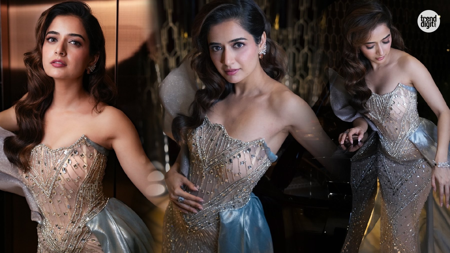 Ashika Ranganath Silver Gown – Sparkling Couture Drama With Regal Evening Glow