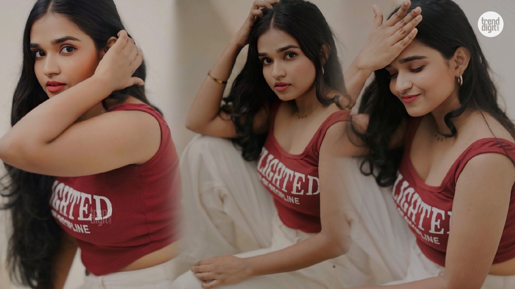 Devika Sahade Stuns in a Red Crop Top and White Pants with Effortless Chic Style