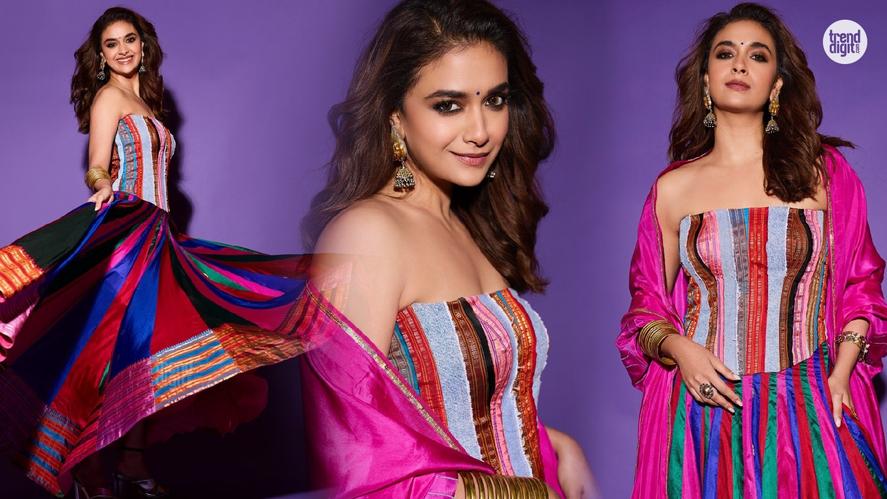 Keerthy Suresh Multicolor Striped Skirt Set – Vibrant Colour Against Purple