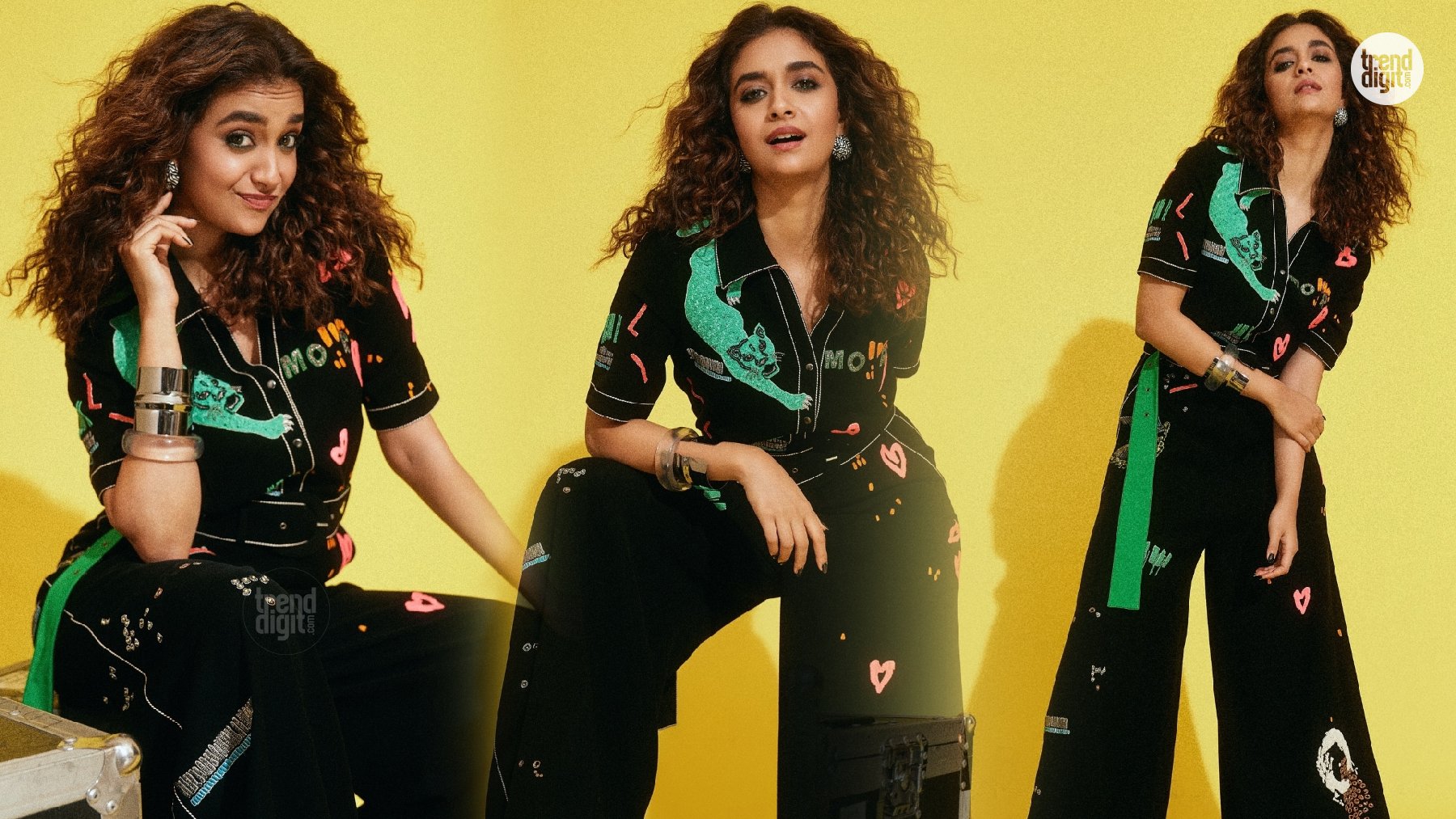Keerthy Suresh Black Printed CoOrd Set – Graphic Details Against a Yellow Backdrop