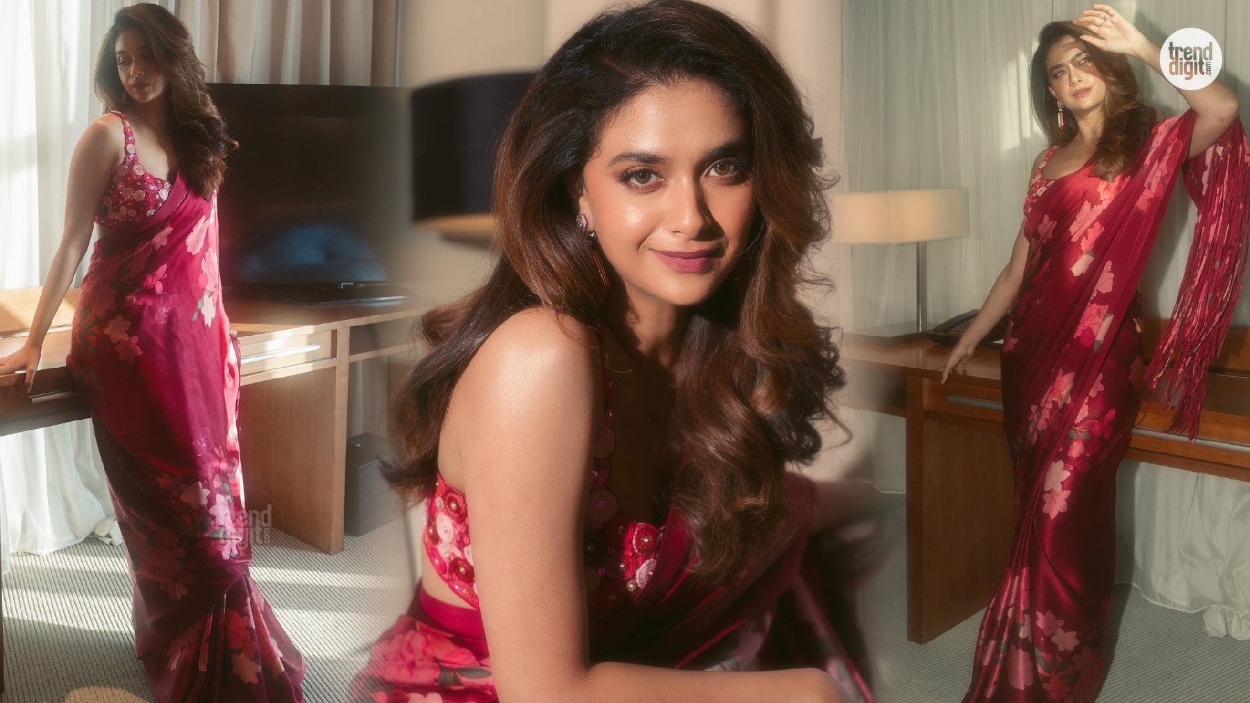 Keerthy Suresh Magenta Floral Saree – A Softly Draped Look With Festive Detail