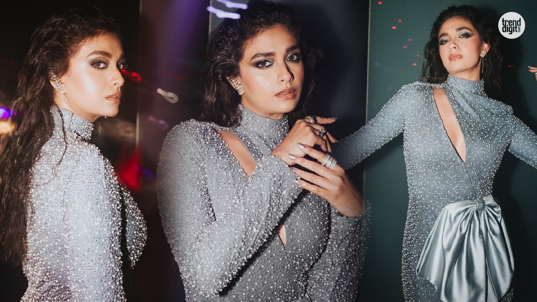 Keerthy Suresh Silver Embellished Gown – A Sculpted Evening Look With Shine