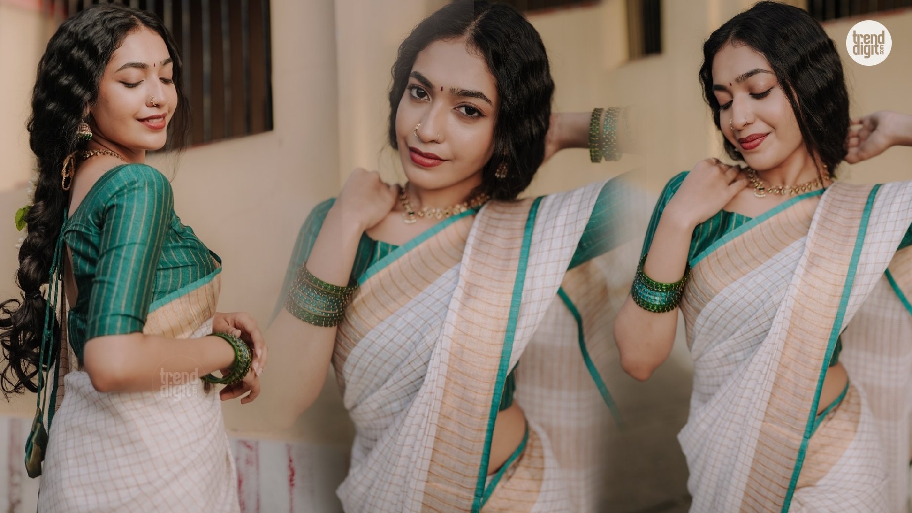 Swathi Lekshmi Stuns in a White Saree with Teal Border and Traditional Glamour Style
