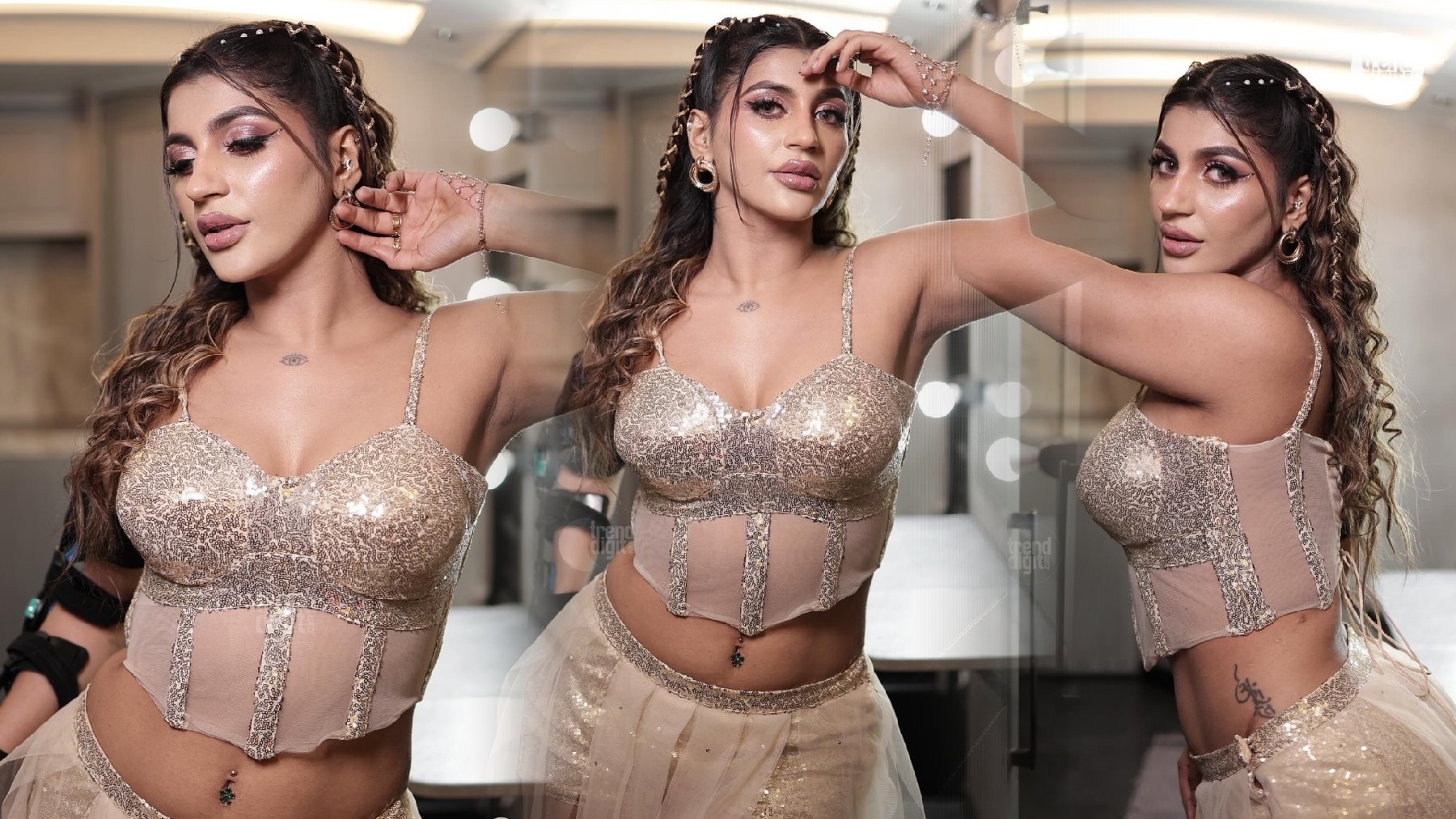 Yashika Aannand Shines in a Gold Sequin Two-Piece Ensemble with Sheer Skirt Glam