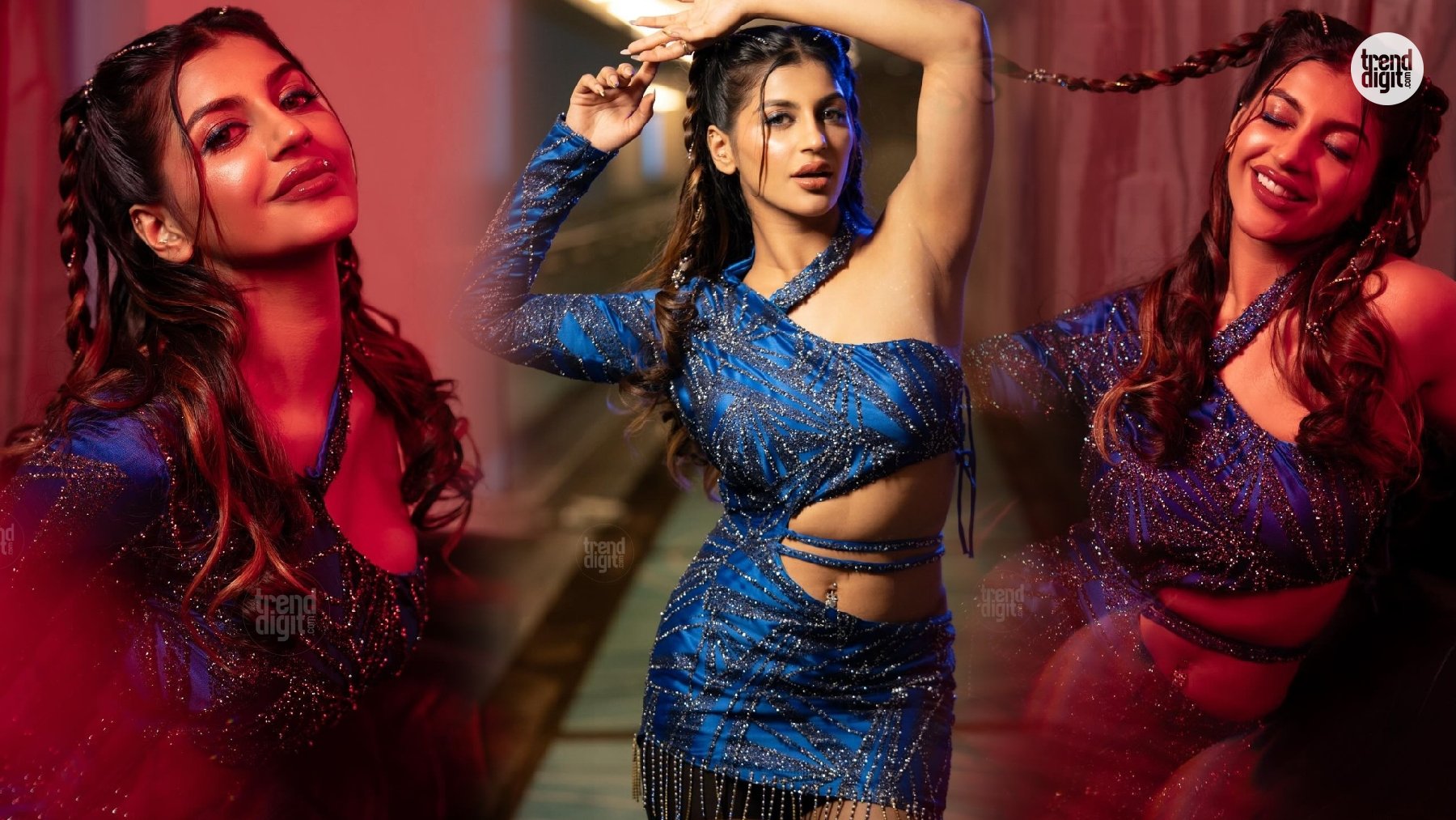 Yashika Aannand Shines in Blue Embellished Crop Top and Mini Skirt Photoshoot Glow
