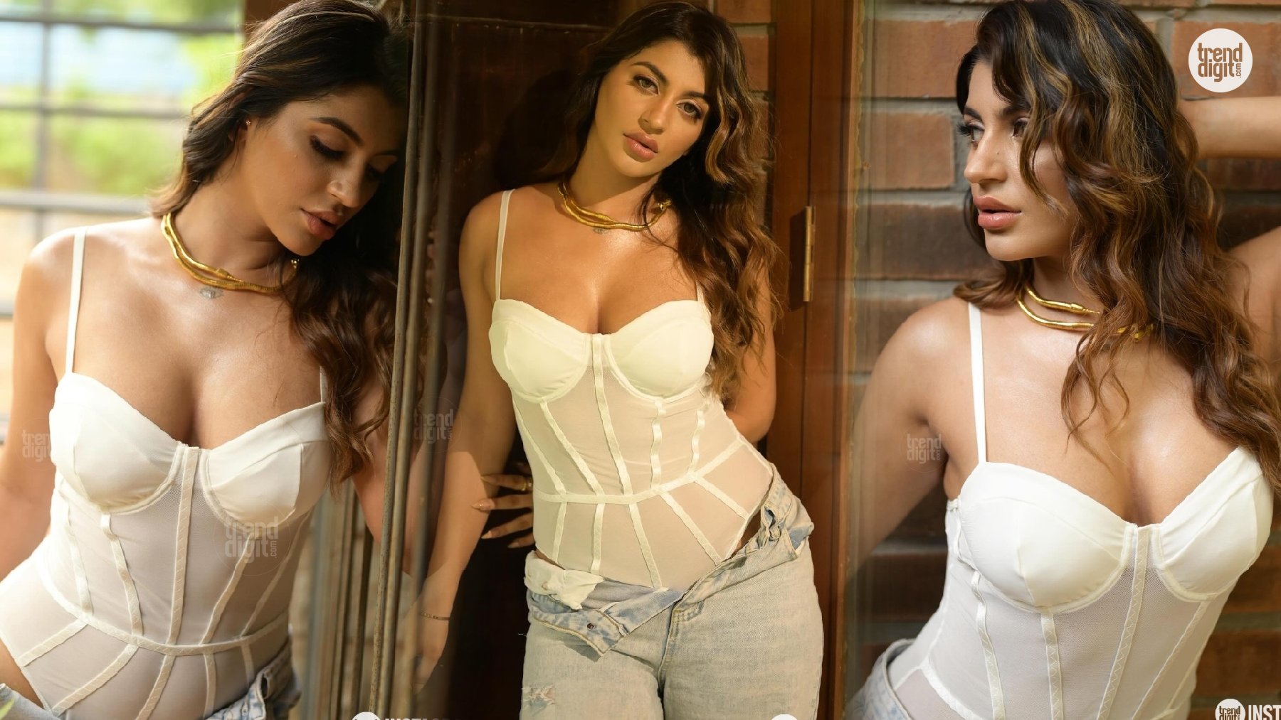 Yashika Aannand Elevates White Corset Top and Ripped Jeans in a Chic Photoshoot Look