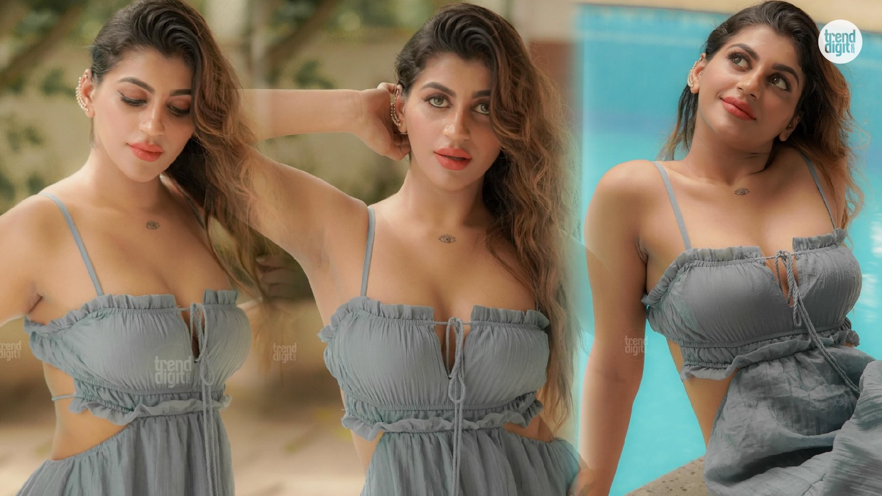 Yashika Aannand Sizzles in Grey Ruched Two-Piece Dress with Chic Poolside Appeal