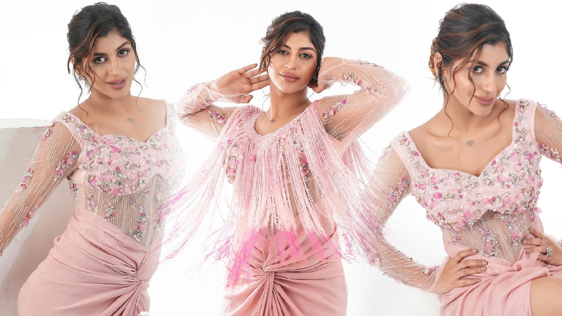 Yashika Aannand Radiates in Pink Fringe Embellished Top and Draped Skirt Ensemble