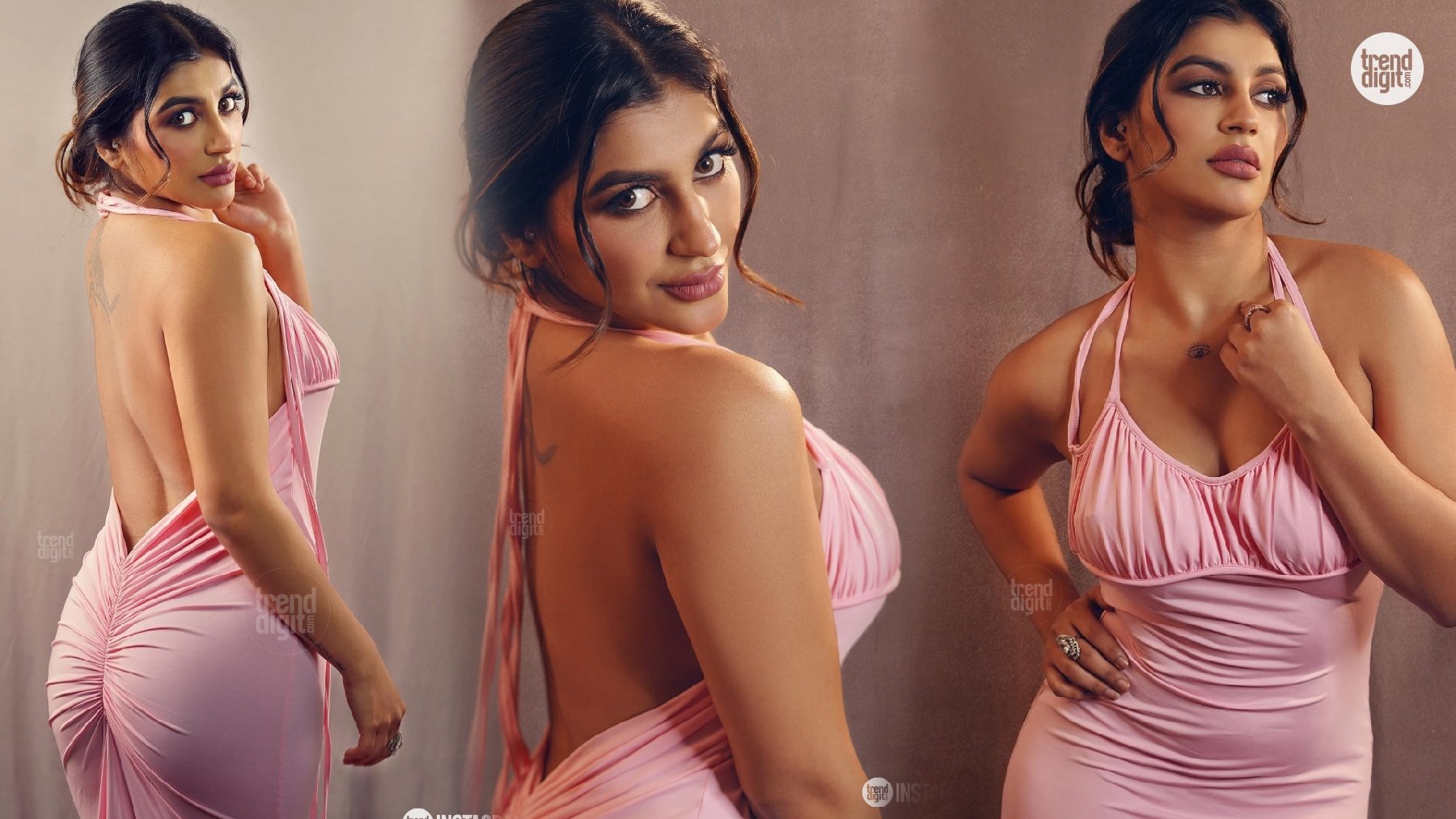 Yashika Aannand Looks Radiant in a Pink Ruched Halter Dress for a Chic Gallery Glow