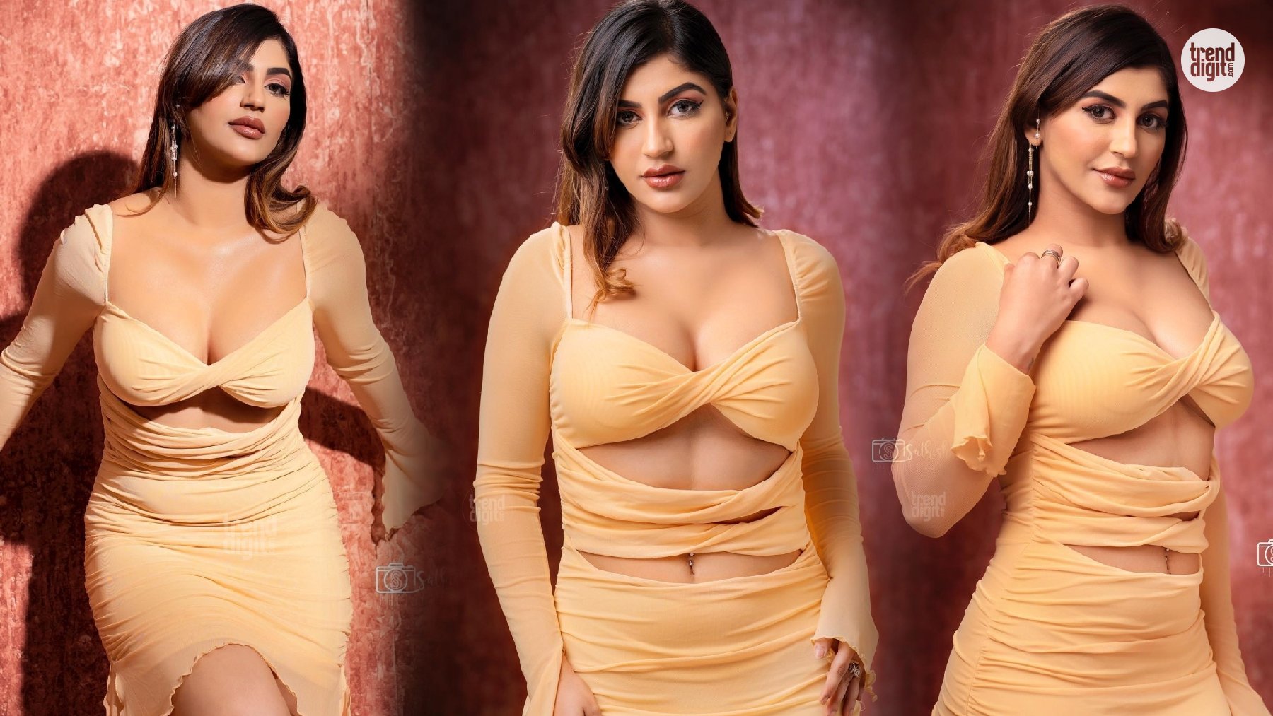 Yashika Aannand Stuns in Cream Ruched Cutout Dress with a Glamorous Modern Appeal