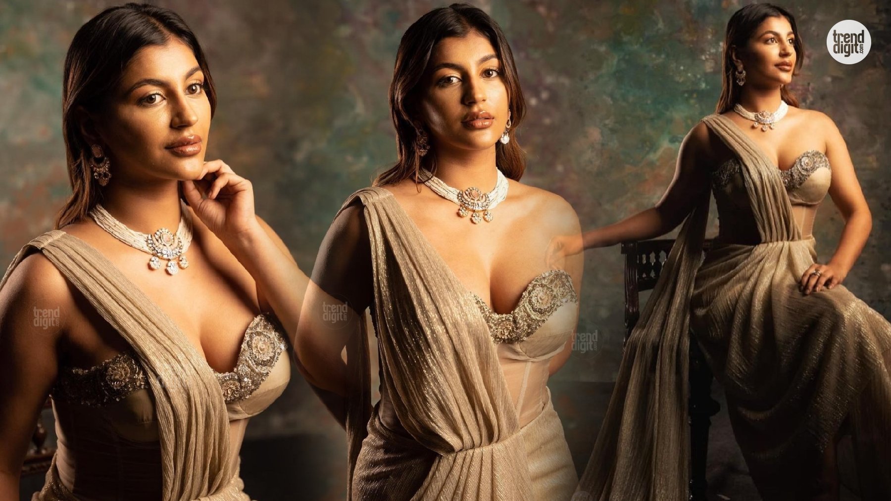 Yashika Aannand Radiates in Champagne Draped Saree with a Regal Corset Blouse Detail