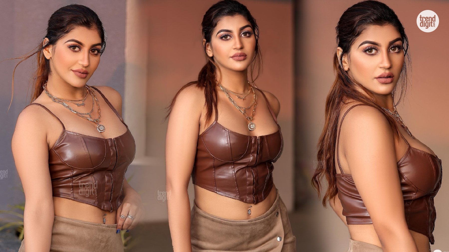 Yashika Aannand Stuns in Brown Leather Corset Top and Beige Mini Skirt with Glamour
