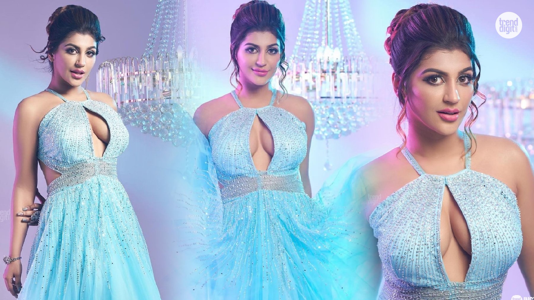Yashika Aannand Stuns in Light Blue Embellished Halter Gown with a Dreamy Glamorous Glow