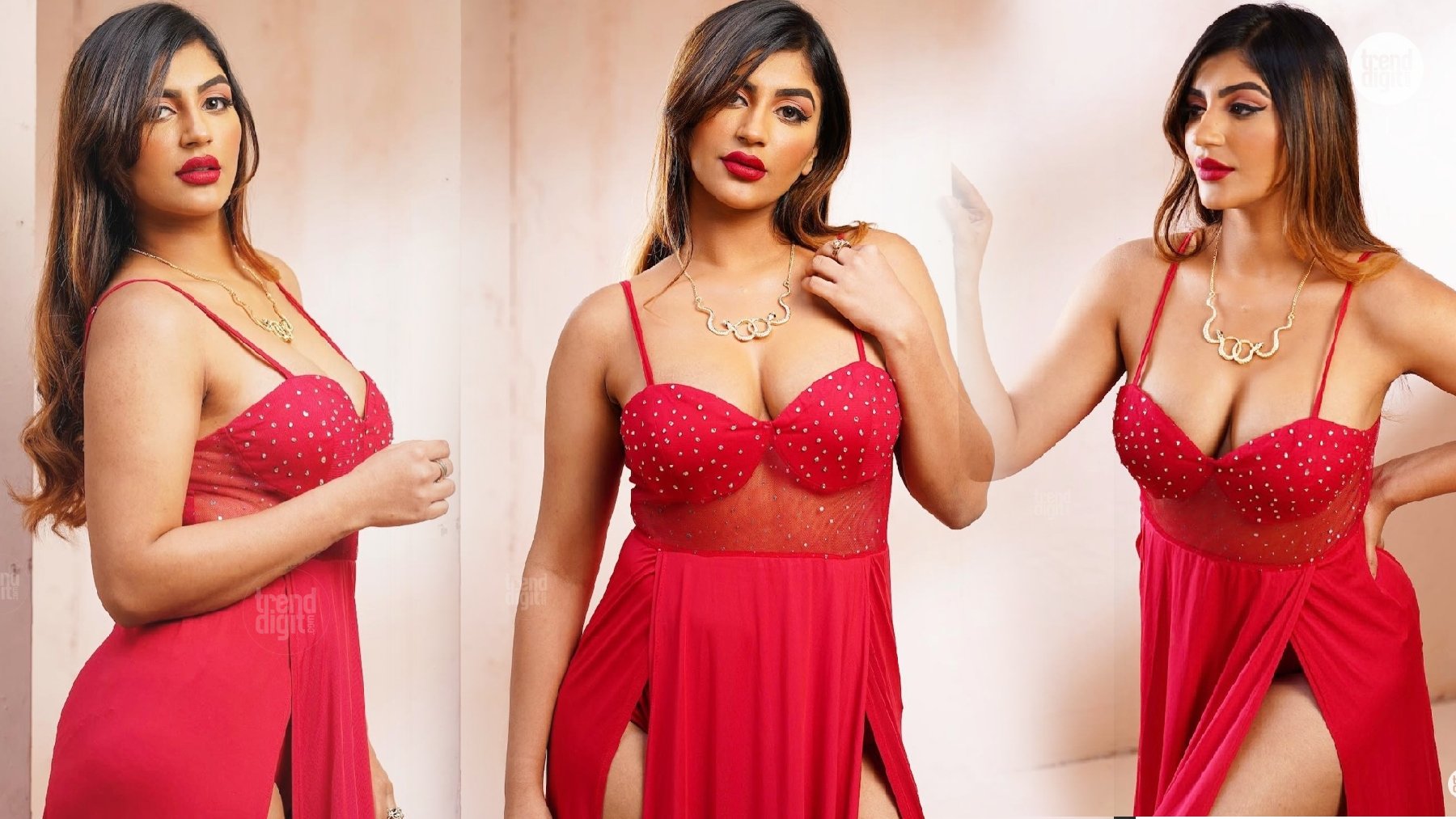 Yashika Aannand Stuns in Red Embellished Slit Dress with a Glamorous Glam Look