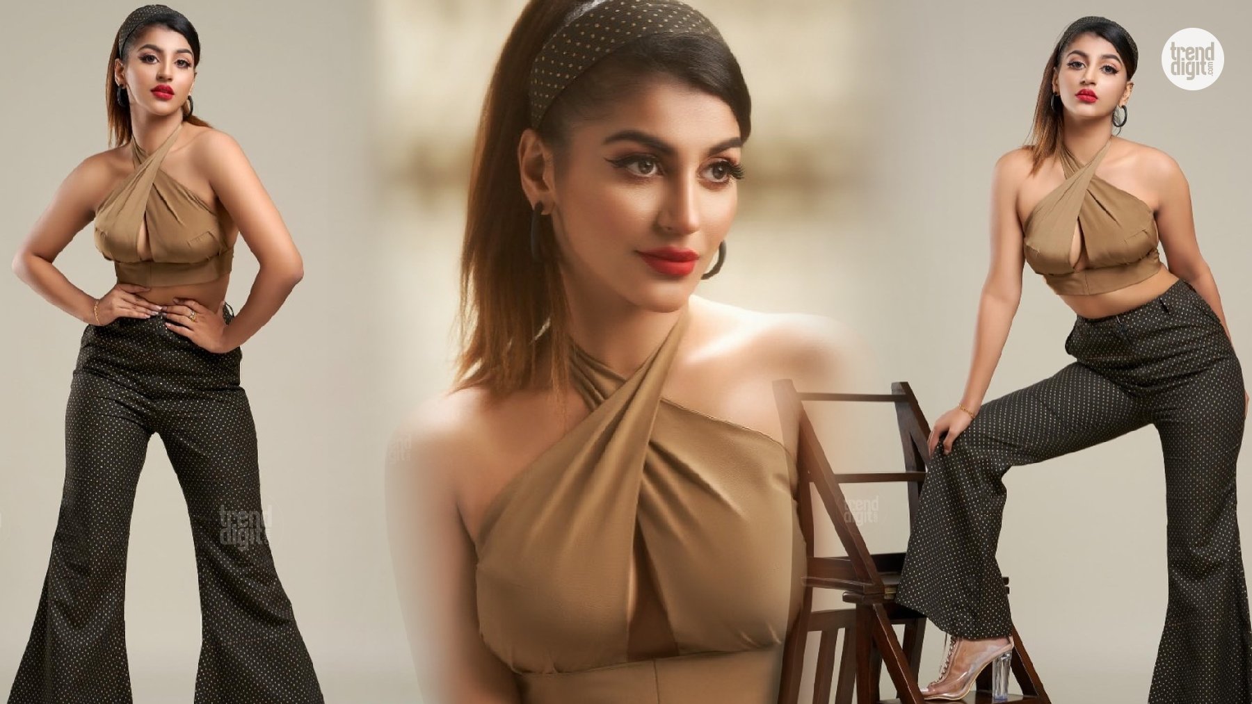 Yashika Aannand Stuns in Tan Halter Crop Top and Black Flared Pants with Chic Glam