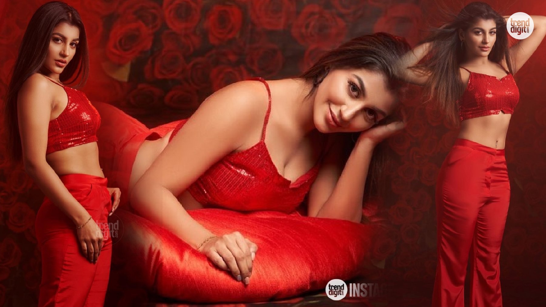 Yashika Aannand Sizzles in Red Sequin Crop Top and Matching Flared Pants with Glamour