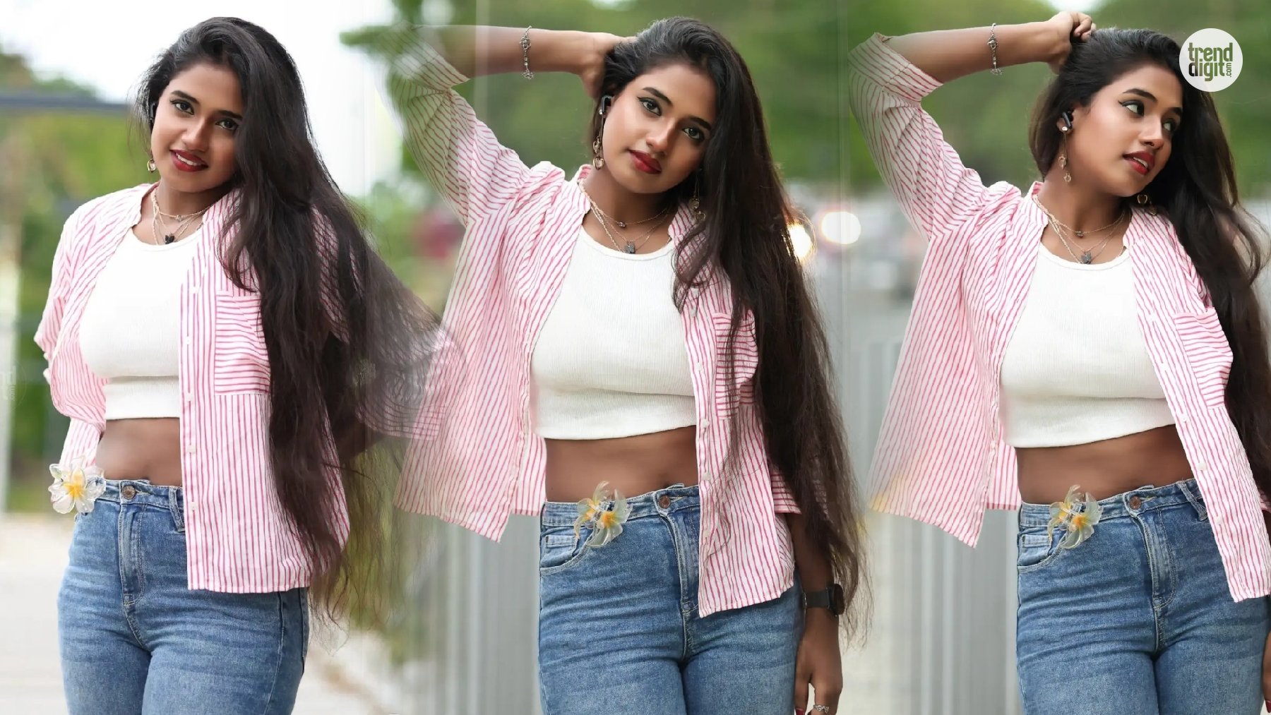 Yuvajanarthani Stuns in a Pink Striped Jacket, White Top and Blue Jeans with Chic Style