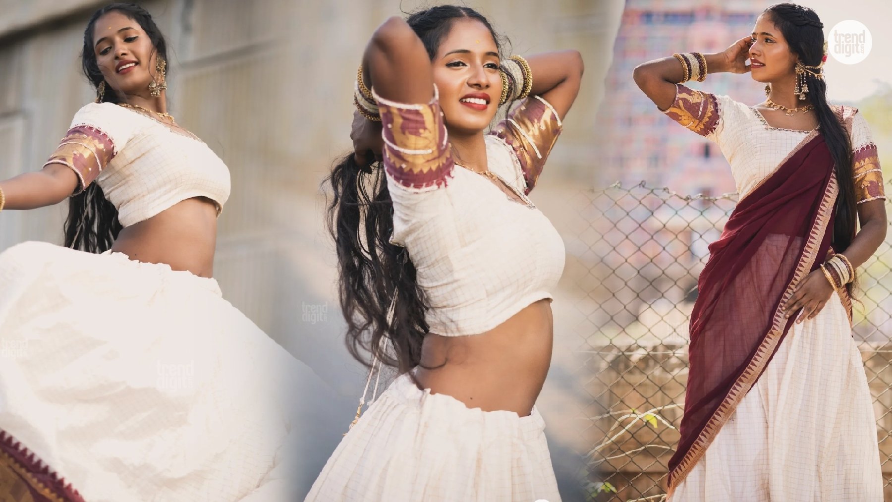 Yuvajanarthani Dazzles in a White Lehenga Set with Gold and Maroon Border Details